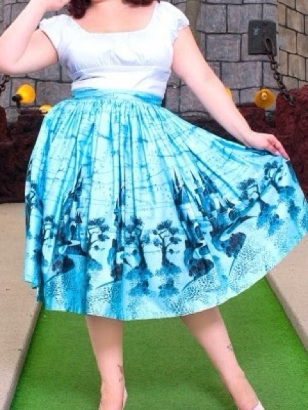 Pinup Couture Blue & White Castle Print Full Circle Skirt
